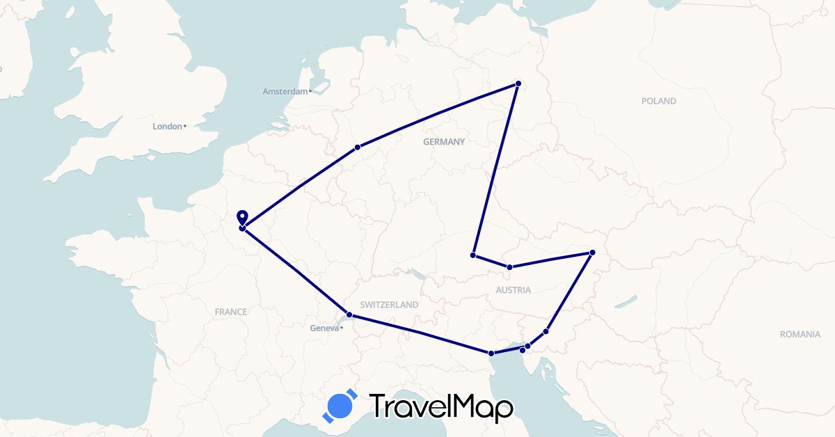 TravelMap itinerary: driving in Austria, Switzerland, Germany, France, Italy, Slovenia (Europe)